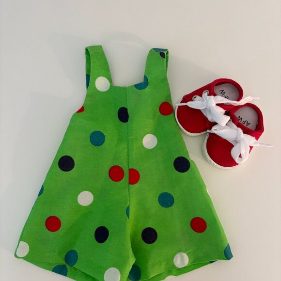 Green Polka Dot Romper for 18" Dolls with Red Shoes - Picture 5 of 6